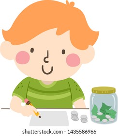 Illustration of a Kid Boy Writing Down His Budget on Paper with a Jar of His Savings in Coins and Cash
