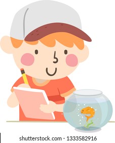 Illustration of a Kid Boy Writing Notes about His Observation of His Gold Fish in a Fish Bowl