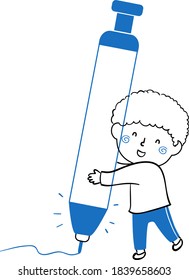 Illustration eines kleinen Jungen beim Schreiben und Verwenden eines großen mechanischen Blue Pens
