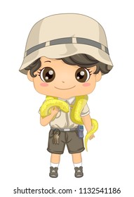 Illustration of a Kid Boy Zoo Keeper with Keys and Radio Holding a Yellow Snake Python for a Show