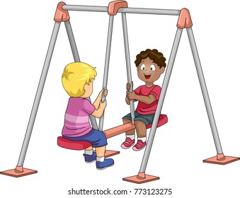 Illustration of Kid Boys Riding a Double Swing in the Playground