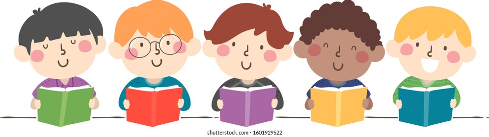 Illustration of Kid Boys Sitting Down in a Row Each Reading a Book