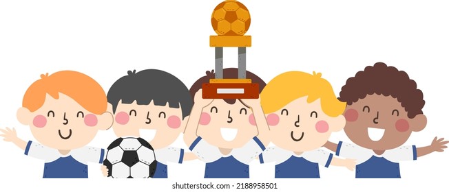 Ilustración del equipo de fútbol infantil sosteniendo una pelota, celebrando y levantando un trofeo