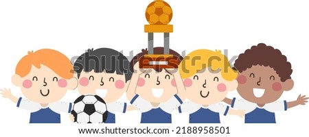 Illustration of Kid Boys Soccer Team Holding a Ball, Celebrating and Lifting Up a Trophy