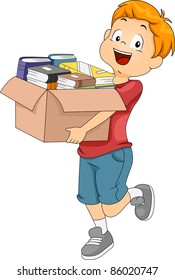 Illustration of a Kid Carrying a Box Full of Books for Donation or Organization