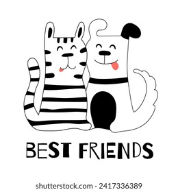 Ilustración para un chico con gato y perro, envía un mensaje a los mejores amigos. Fondo de diseño, ropa de bebé, decoración de cumpleaños de habitación, impresión de camisetas, ropa de moda, tarjeta de invitación