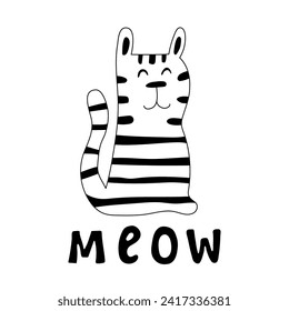 Illustration for kid with cat, text Meow. Cute design background, baby clothes, room birthday decor, t-shirt print, wear fashion, invitation card