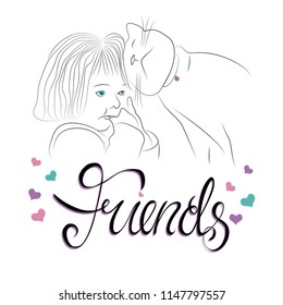 Illustration of kid and cat and their friendship, greeting card, t-shirt prints and other various jobs