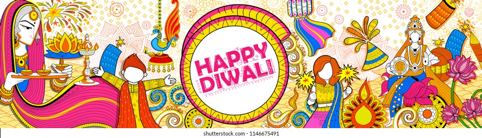 ilustración de un niño celebrando el felíz doodle Diwali Holiday para el festival de la luz de India