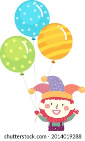 Illustration of a Kid Clown Waving and Holding Balloons