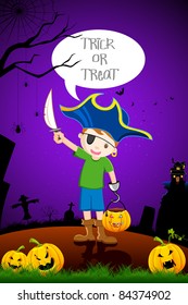 illustration of kid in costume of pirate for halloween party