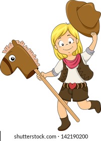 Illustration of a Kid Cowgirl riding a Toy Horse