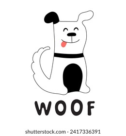 Ilustración para niño con perro, texto Woof. Fondo de diseño, ropa de bebé, decoración de cumpleaños de habitación, impresión de camisetas, ropa de moda, tarjeta de invitación