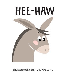 Illustration for kid with donkey and text Hee-haw. Cute design background, baby clothes, room birthday decor, t-shirt print, wear fashion, invitation card