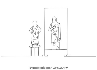 Illustration of kid dreaming become success woman wear hijab in the future. Single continuous line art style