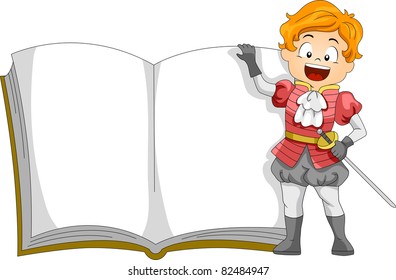 Illustration of a Kid Dressed as a Prince Standing Beside a Book