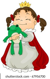 Illustration of a Kid Dressed as a Princess Hugging a Toy Frog