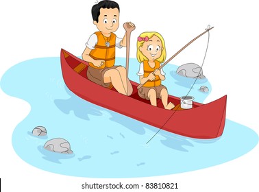 Illustration of a Kid Fishing with Her Teacher/Counselor