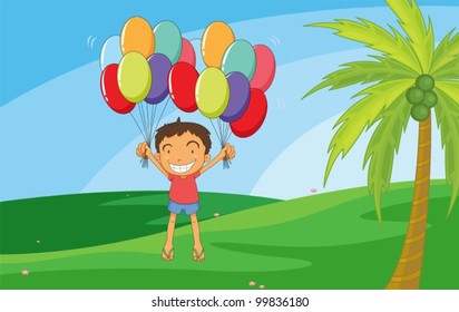 Illustration of a kid floating with balloons