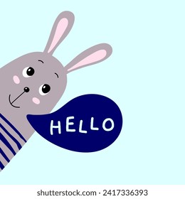 Illustration for kid with funny rabbit says hello. Cute design background, baby clothes, room birthday decor, t-shirt print, wear fashion, invitation card