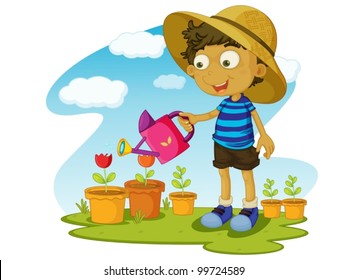 Illustration of kid gardening with water