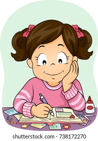 Illustration of a Kid Girl Arranging Her Pictures in Her Scrapbook