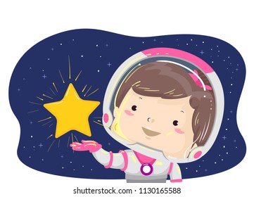 Illustration of a Kid Girl Astronaut Showing a Glowing Star to Her Right