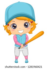 Illustration of a Kid Girl Batter Holding a Baseball Bat and Wearing a Hat