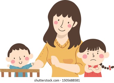 Illustration of a Kid Girl Being Jealous with Her New Baby Brother on a Crib with Mother Playing with Him
