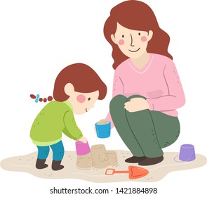 Illustration of a Kid Girl Building Sand Castle with Her Mother with Cups and Shovel