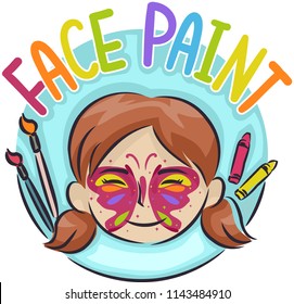 Illustration of a Kid Girl with Butterfly Paint and Face Paint Lettering