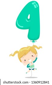 Illustration of a Kid Girl Carried by a Balloon Shaped as Number Four