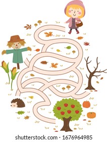 Illustration of a Kid Girl Carrying Basket to Collect Apples from Tree By Going Through an Autumn Maze