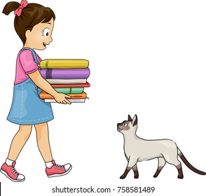 Illustration of a Kid Girl Carrying a Stack of Books and a Cat