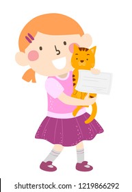 Illustration of a Kid Girl Carrying a Tabby Cat and a Certificate of Adoption