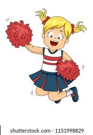 Illustration of a Kid Girl Cheerleading, Jumping and Holding Pompoms