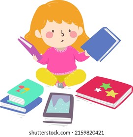 Illustration of Kid Girl Choosing a Book She Wants to Read Among Books with Different Topics