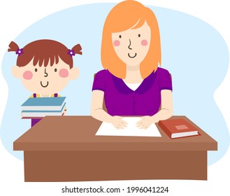 Illustration of a Kid Girl in Class Giving Books to Teacher as Teacher Assistant, a Classroom Job