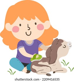 Illustration of Kid Girl Combing and Brushing Goat Hair. Goat Sitting Outdoors on Grass