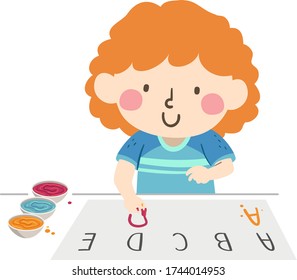 Illustration Of A Kid Girl Copying The Alphabet By Using Her Fingers To Paint