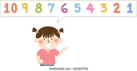 Illustration of a Kid Girl Counting Backwards with a Speech Bubble from Ten to One