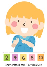 Illustration of a Kid Girl Counting By Twos with Numbers Flash Cards on the Table