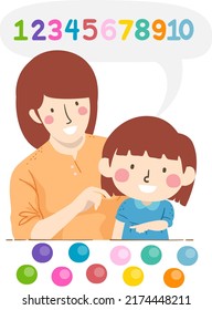 Illustration of a Kid Girl Counting Circles Pointing and Saying Numbers from One to Ten. Mom Teaching Counting for Kindergarten Preparation