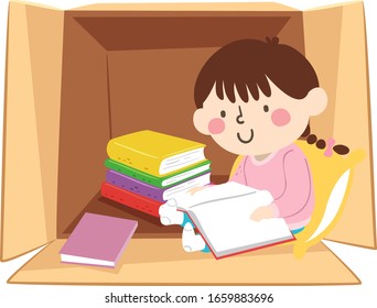 Illustration of a Kid Girl Crawling Inside a Cardboard with Toys like Doll, Teddy Bear Stuffed Toy, Ball, Magnifying Glass and Blocks