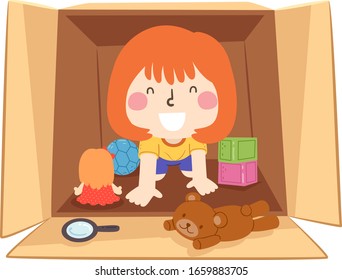 Illustration of a Kid Girl Crawling Inside a Cardboard with Toys like Doll, Teddy Bear Stuffed Toy, Ball, Magnifying Glass and Blocks