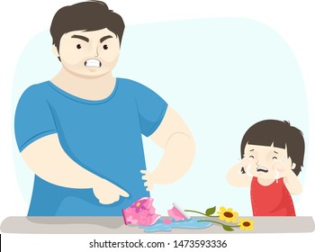 Illustration Of A Kid Girl Crying And Her Angry Father Pointing To A Broken Vase