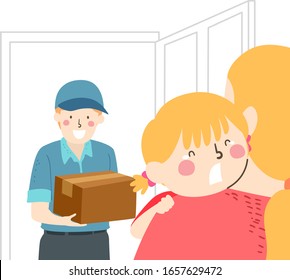 Illustration of a Kid Girl Crying Over Her Mothers Shoulder Being Scared of a Stranger, a Delivery Man Carrying Box by the Door