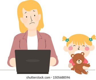Illustration of a Kid Girl Crying and Wanting to Play with Her Mother Working and Using Laptop