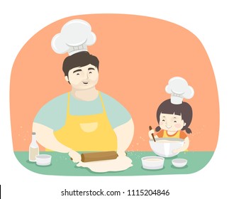 Illustration of a Kid Girl and Dad Wearing Apron and Chef Hat Baking Together