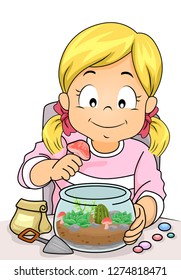 Illustration of a Kid Girl Decorating a Terrarium with Different Succulents and Decorative Stones Inside